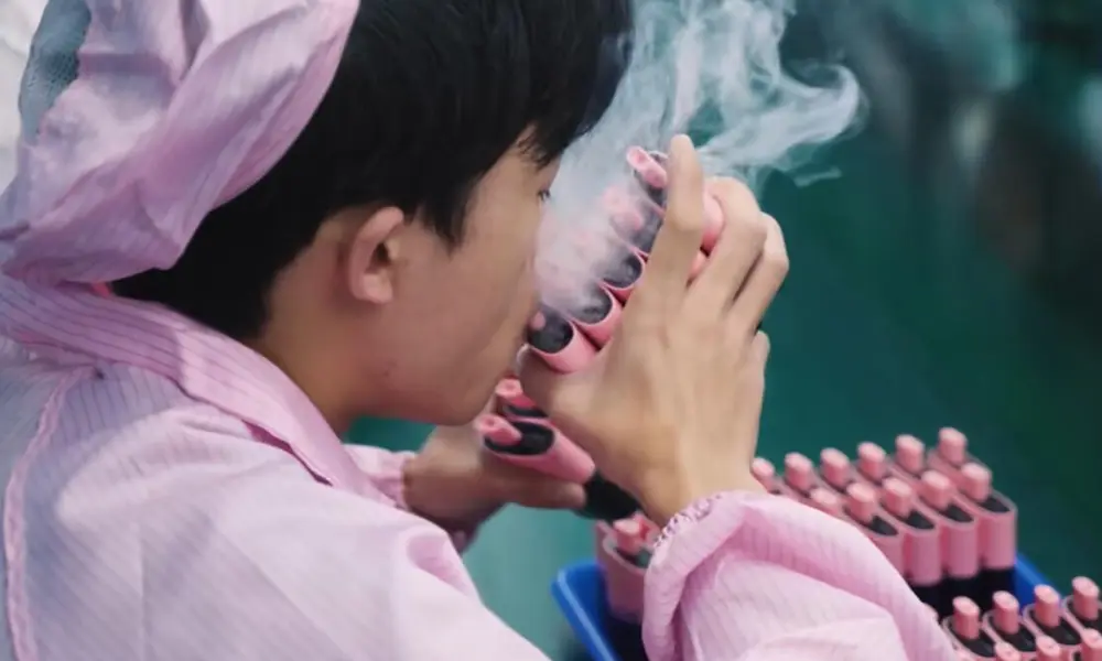 A factory worker in pink attire simultaneously vapes a cluster of pink and black e-cigarettes, emitting vapor, for quality assurance testing.